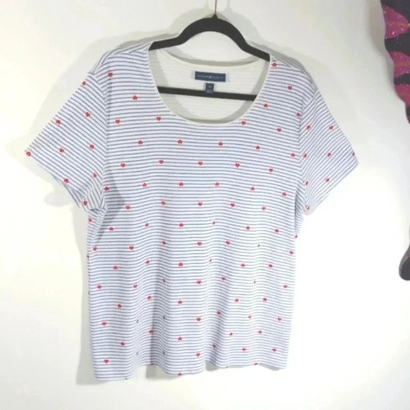 Karen Scott Nautical Hearts XL Tee T-shirt Blue Stripe Red Glitter Hearts - Picture 13 of 14